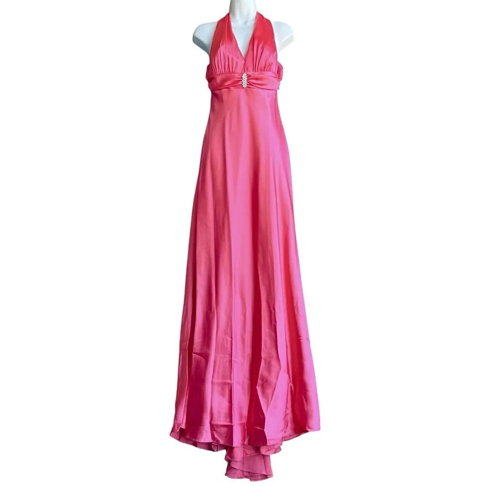 Vintage BETSY ADAM Hot Pink Maxi Dress Satin V-neck Halter Backless Fairy Size 6